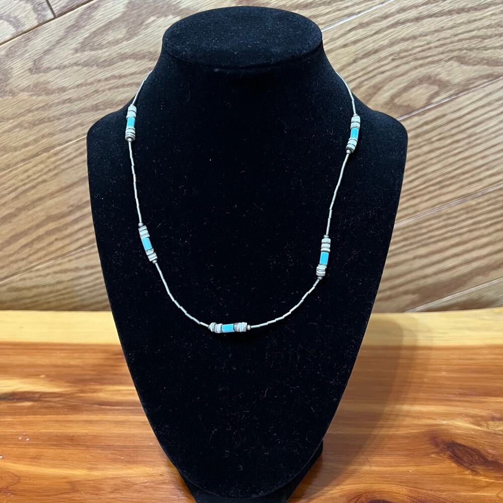 Vintage‎ Sterling Silver Plated Necklace Teal Color Beads Lobster Clasp